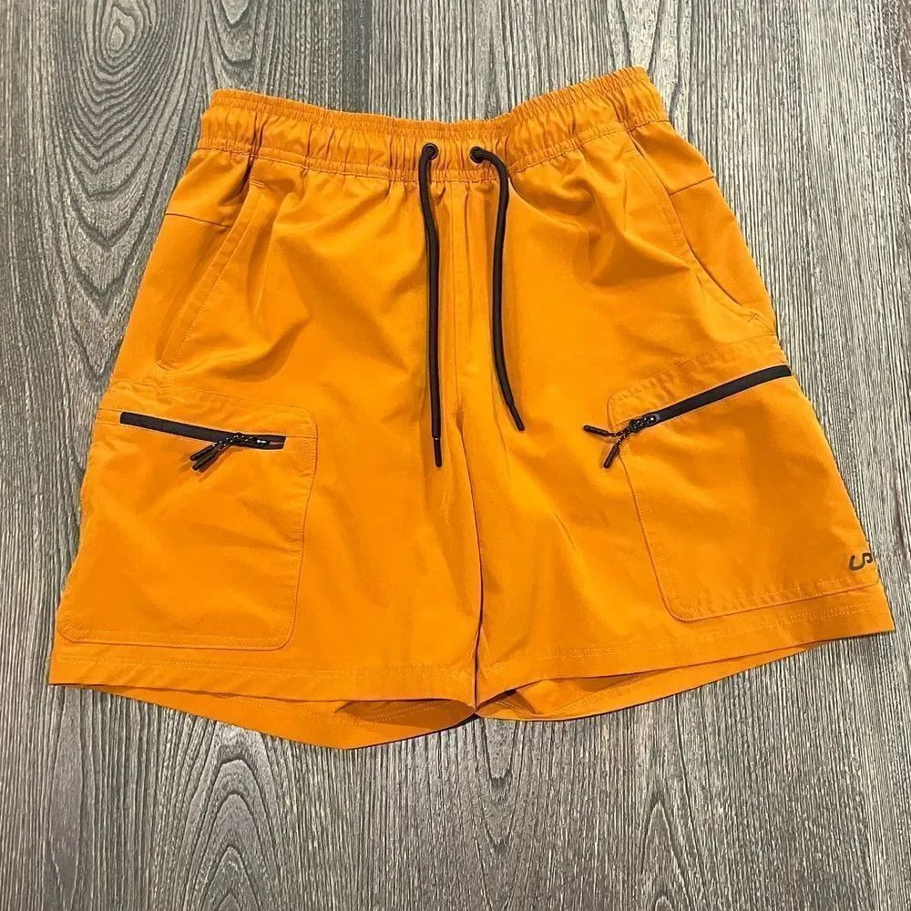 InPro Mens Running Shorts Elastic Waist Lightweight Zip Pocket Orange Size Small